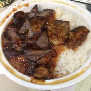 Lunch special eggplant with white rice. This stuff is the bomb!