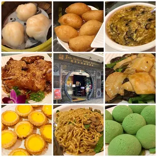 Har gow, Ham sui gok, Scallop soup, Garlic chicken, Abalone w/ mushrooms, Egg custard tarts, E-mein, &amp; Coco buns
