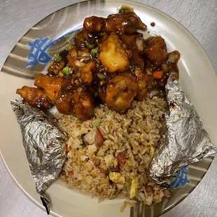 Combination #3 with garlic chicken, foil wrap chicken, bbq pork fried rice