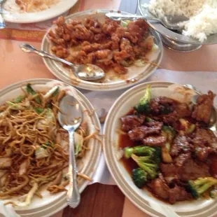 Beef and broccoli, Lo mein and sesame chicken.  Yummy