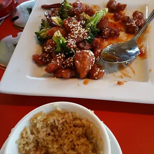 Sesame chicken was delicious, chicken with garlic sauce was really hot... beware.