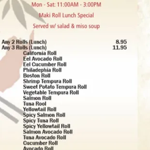 Sushi menu