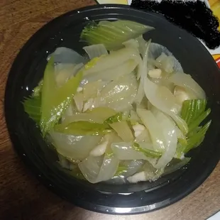 Chicken chow mein - $5.75 for a small - It's a bowl of sliced onions, a few bamboo shoots, and the white stuff is supposed to be chicken.