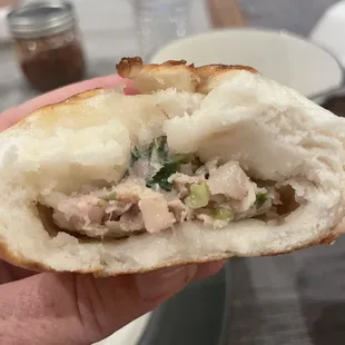 The inside of the Pan Fried Bokchoy Pork Buns Dim Sum.