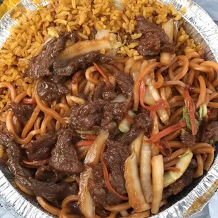 Beef Lo Mein with Pork Fried Rice lunch special