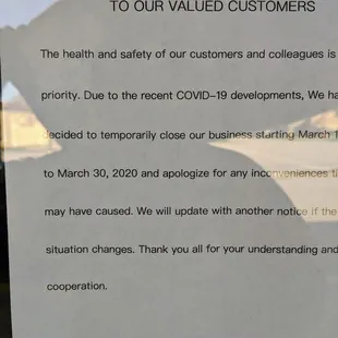 Temporarily closed due to Coronavirus