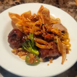 Crab Rangoon, fried rice, chicken. Noodles