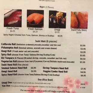 sushi and sashimi, menu