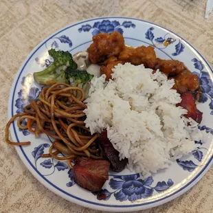 Rice, noodles, governors chicken