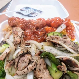 a plate of meat and vegetables