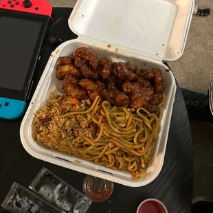 generals chicken. Bbq pork fried rice and chow mein(for rice and noodles is $1 more) quick fast and super yummy!