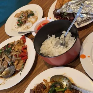 Pepper chicken, Mongolian Beef, Bo Bo Platter and rice