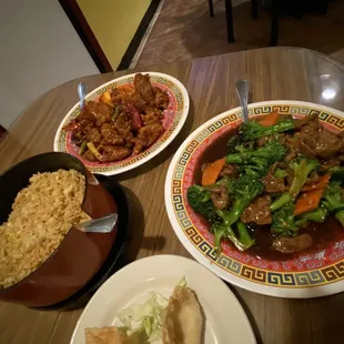 Broccoli, beef, and spicy orange chicken.