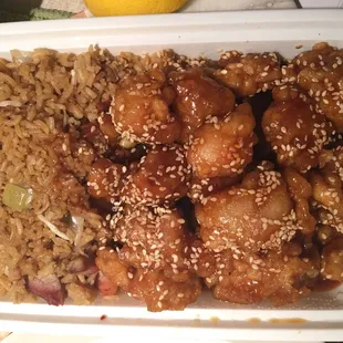 Sesame chicken. Some pieces weren&apos;t cooked thoroughly.