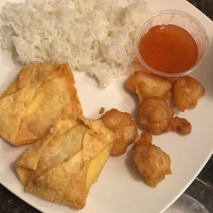 Cheese puffs and sweet and sour chicken