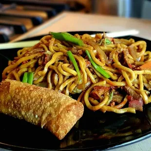 Small Pork Lo Mein with eggroll (plated at home)