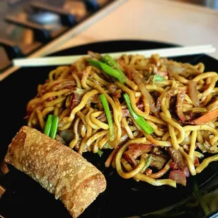 Small Pork Lo Mein with eggroll (plated at home)