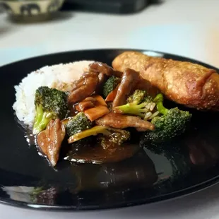 Beef and broccoli plated at home