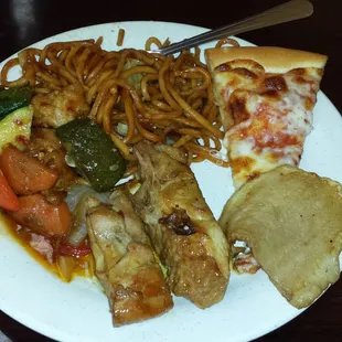 Chow mein, pizza, potato, teriyaki chicken, and Kung pao chicken.