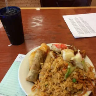 a plate of food and a drink