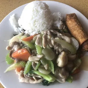 Chicken with Vegetables, steam rice &amp; egg roll.