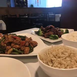 Kung Pao chicken.  Beef with orange sauce (?).