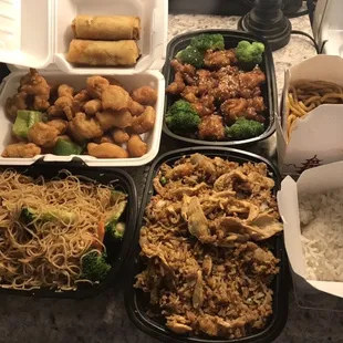 Sweet and Sour Chicken, Sesame Chicken, Vegetable Mei Fun, Chicken Fried Rice, Spring Rolls. A LOT of food and everything was good!