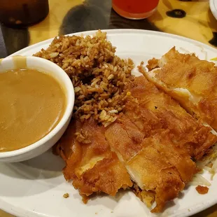 Pressed chicken w/white meat gravy on the side,  fried rice