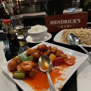 Sweet and sour chicken, chicken fried rice