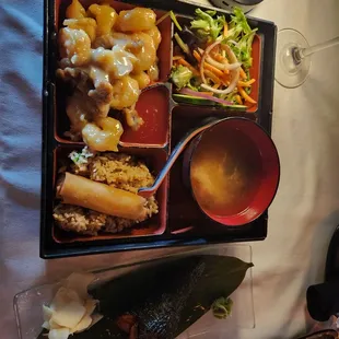 honey walnut shrimp bento and eel hand roll