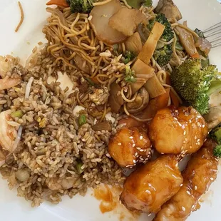 Shrimp Fried Rice, Vegetable Low Mein and Sesame Chicken