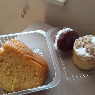 Rum cake, gob, almond cupcake.