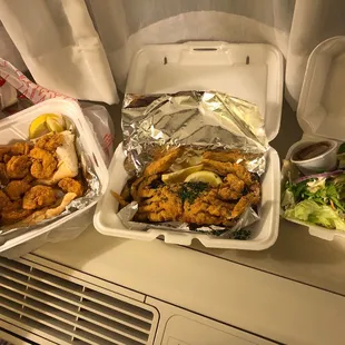 Fried shrimp po'boys, soft shell crab and a side salad... $40.