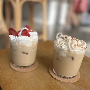 Chai with strawberry sage whipped cream   Mumkin latte with pumpkin whip