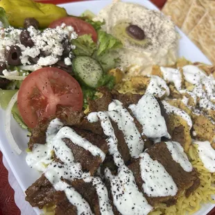 Mixed plate, salad, hummus with pita.