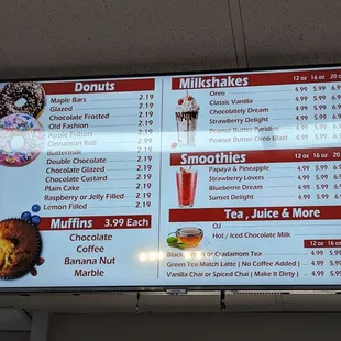 Menu donuts and drinks