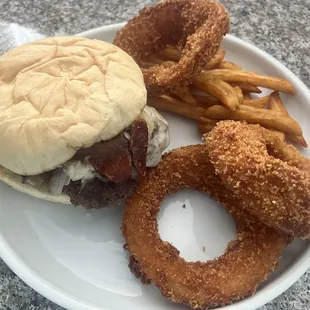 Our Kind of burger, Onion Rings and Fries.