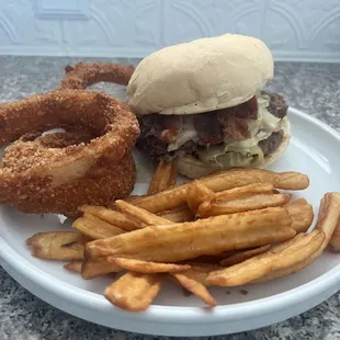 Soprano burger, Onion Rings and Fries.