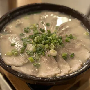 a bowl of soup with meat and green onions