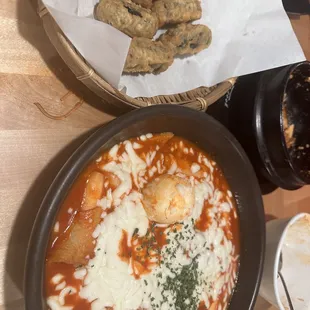 Cheese tteokbokki and fried japchae