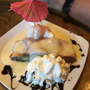 Apple strudel with whipped cream, vanilla sauce and vanilla ice cream. Delicious!