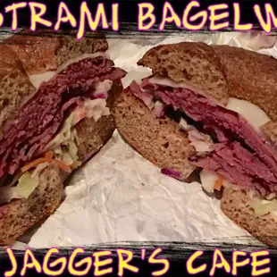 a pastrami bagel sandwich