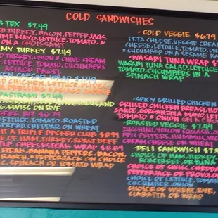 Cold sandwich menu
