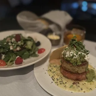Crab cakes appetizer and salad
