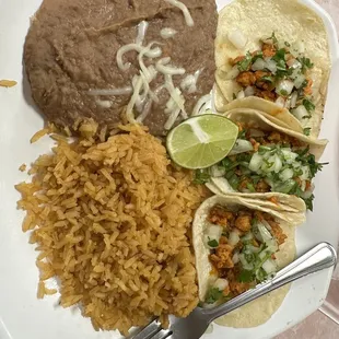 Chicken Tacos with rice and beans