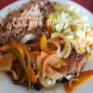 escovitch kind fish, cabbage and rice and peas. Delicious