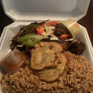 Tasso turkey, rice &amp; bean, and fried plantains