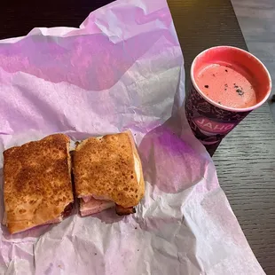 Sandwich with skimpy bacon and an egg--The bread was fresh.  The red velvet hot chocolate is good.