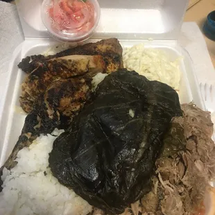 Hawaiian plate has laulau, kalua pig, huluhuli chicken