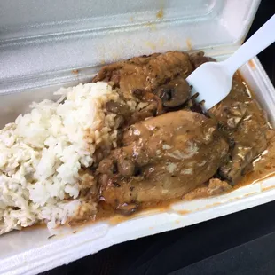 Killah mushroom chicken w/ Mac salad &amp; rice. This is only a mini plate too.